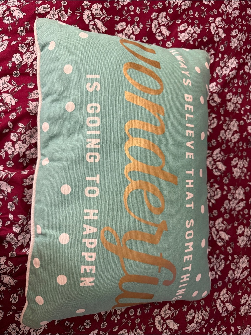 Mint Green Polka Dot Decorative Pillow with Gold Script (**Pillow has a spot)